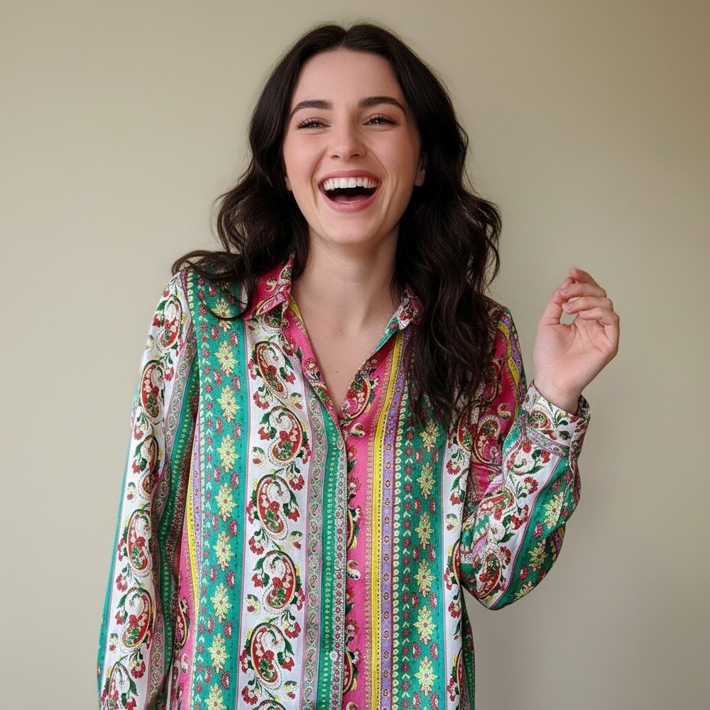 Zara Vibrant Floral Silk Blouse - Green, Pink, White Small